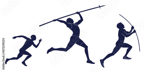 Set of silhouettes of decathlon athletes in multiple sports actions, vector pack isolated on white