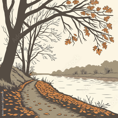Vector art of a tranquil autumn scene with a river flowing alongside a path covered in fallen leaves, creating a peaceful and scenic landscape in the countryside