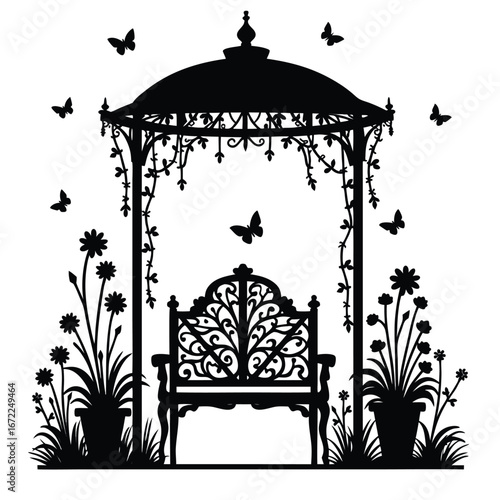 Black silhouette of ornate garden bench under gazebo with butterflies and flowers 3