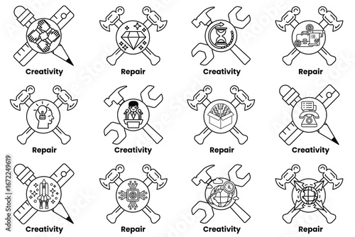 A series of symbols that represent different aspects of creativity and repair