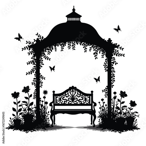 Black silhouette of ornate garden bench under gazebo with butterflies and flowers