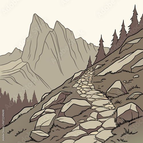 Vector art of a winding stone path leads through a mountainous landscape, offering a scenic view of natures beauty and inviting adventure and exploration