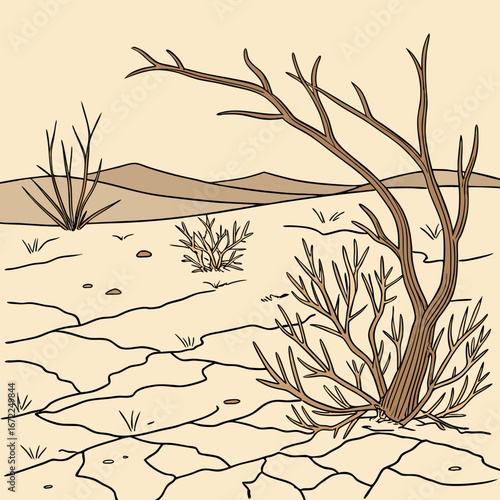 Vector art of arid desert landscape with cracked ground and withered trees, illustrating the effects of drought and climate change on the environment