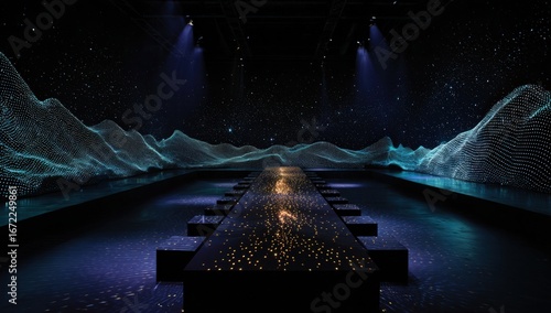 Futuristic fashion runway with digital landscape