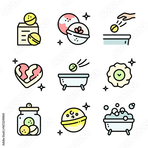 Bath salts bomb color icons set. Vector simple illustration from beauty concept. Bath Bomb Packaging. Sparkling sea salt ball for aromatherapy and relaxation.