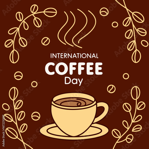 International Coffee Day celebration with steaming coffee and decorative foliage beverage