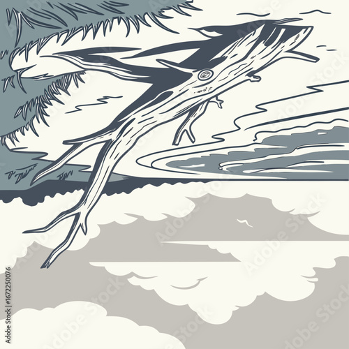 Vector art of driftwood hangs over the ocean with a cloudy sky, creating a serene and natural coastal landscape in a cartoon style with a calming atmosphere