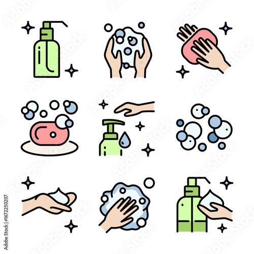Hand Sanitizer Color Icon. Washing hand with sanitizer liquid soap. Illustration of cleanser, detergent, shampoo, liquid soap, gel. Flat isolated vector symbol of cleaning and cleanliness.