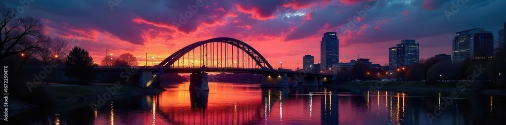 Naklejka premium Dramatic dusk light paints Minneapolis sky, Stone Arch Bridge dark against it , silhouette, shadow