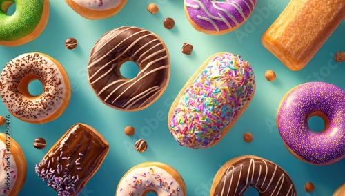 Assorted donuts and pastries on a light teal background.  Colorful glazed, sprinkled, and chocolate-covered treats