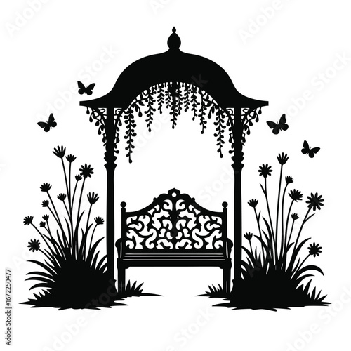 Black silhouette of ornate garden bench under gazebo with flowers and butterflies 3