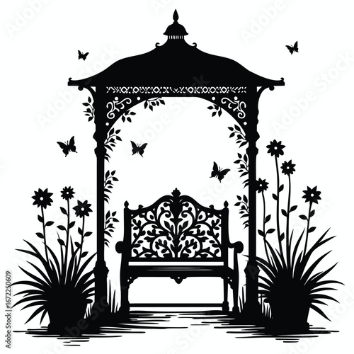 Black silhouette of ornate garden gazebo with bench and butterflies 1