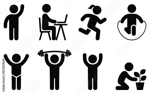 Pictogram icons showing various activities, including working, exercising and gardening, vector illustration set, lifestyle and hobby symbols, daily routine design elements