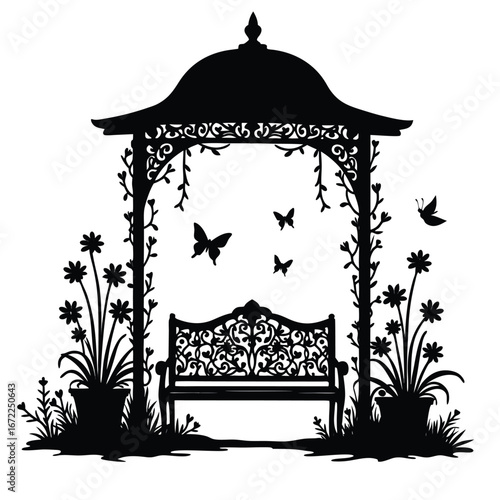 Black silhouette of ornate garden gazebo with bench and butterflies 2