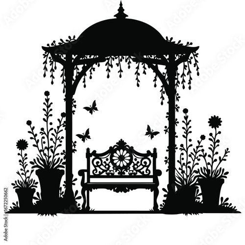 Black silhouette of ornate garden gazebo with bench and butterflies 3