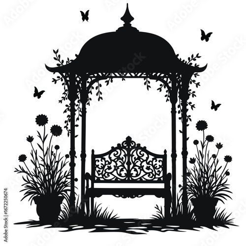 Black silhouette of ornate garden gazebo with bench and flowers