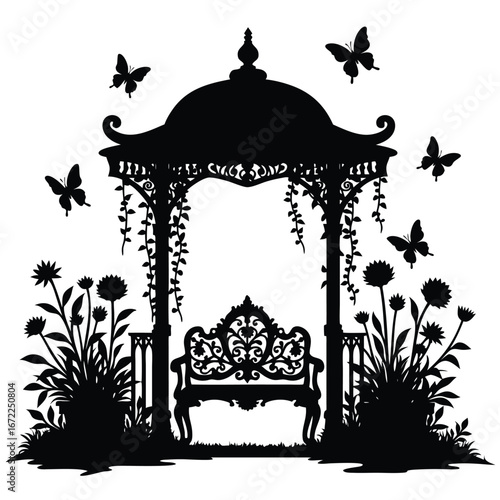 Black silhouette of ornate gazebo with bench and butterflies