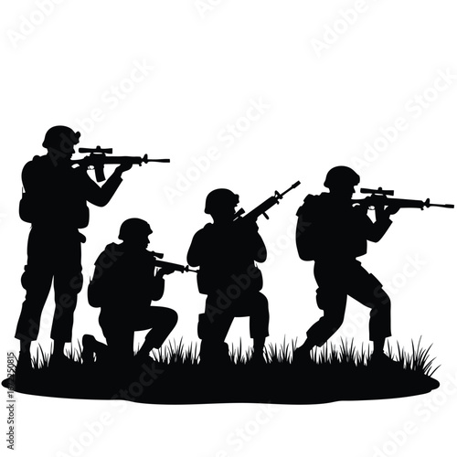 Black silhouette of soldiers with rifles in combat formation