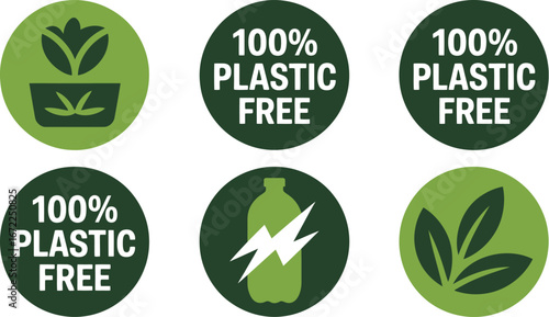 Plastic-free and eco-friendly badge icon set with green graphics for sustainable packaging, branding, and product labeling