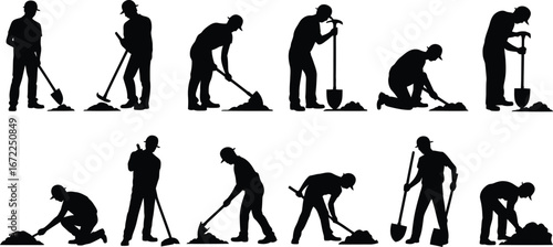 Silhouettes of workers digging and shoveling in various poses for construction, labor safety, and instructional design