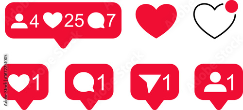 Social media likes and comments vector icon set, interaction symbols, followers and notifications, and button icons for digital marketing