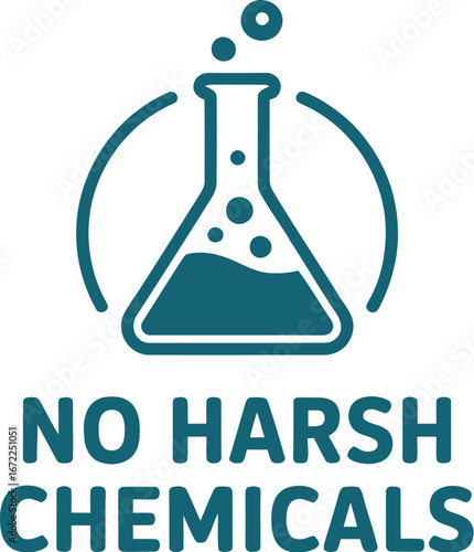 Laboratory flask icon with bubbles and no harsh chemicals message for safe product labeling and eco-friendly branding