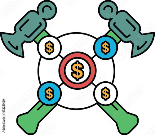 A graphic of a hammer and a wrench with four dollar signs in the middle