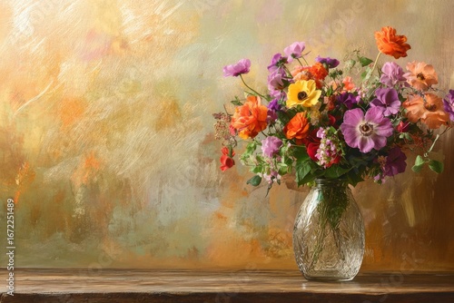 Wallpaper Mural Vibrant flowers in crystal vase on wooden table against artistic background Torontodigital.ca