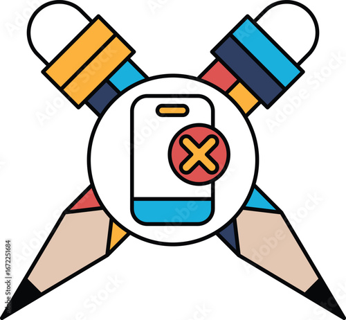 A phone with an X on it is surrounded by pencils