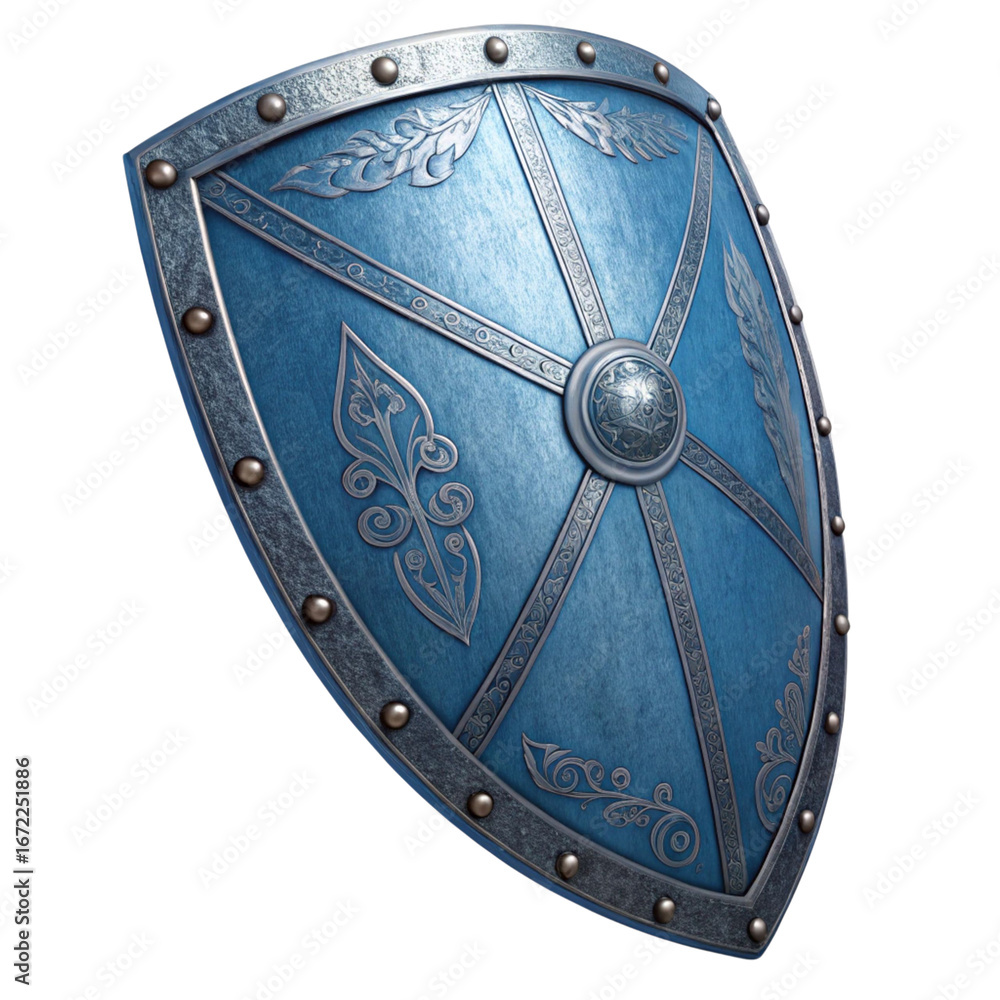 Naklejka premium Ornate medieval kite shield with intricate engravings isolated on transparent background