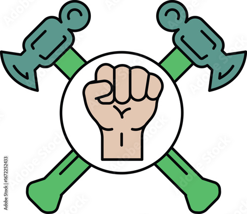 A fist with a hammer and an anvil in the background