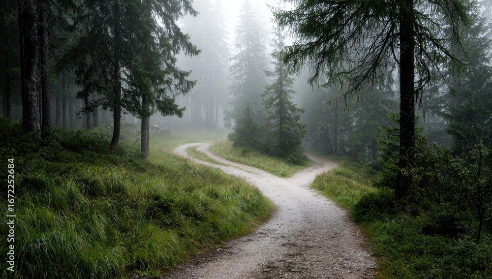 Fototapeta premium Foggy forest path forks
