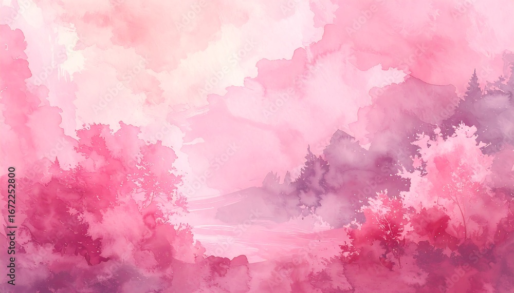 Fototapeta premium Pink Landscape Watercolor Painting Illustration of a Forest
