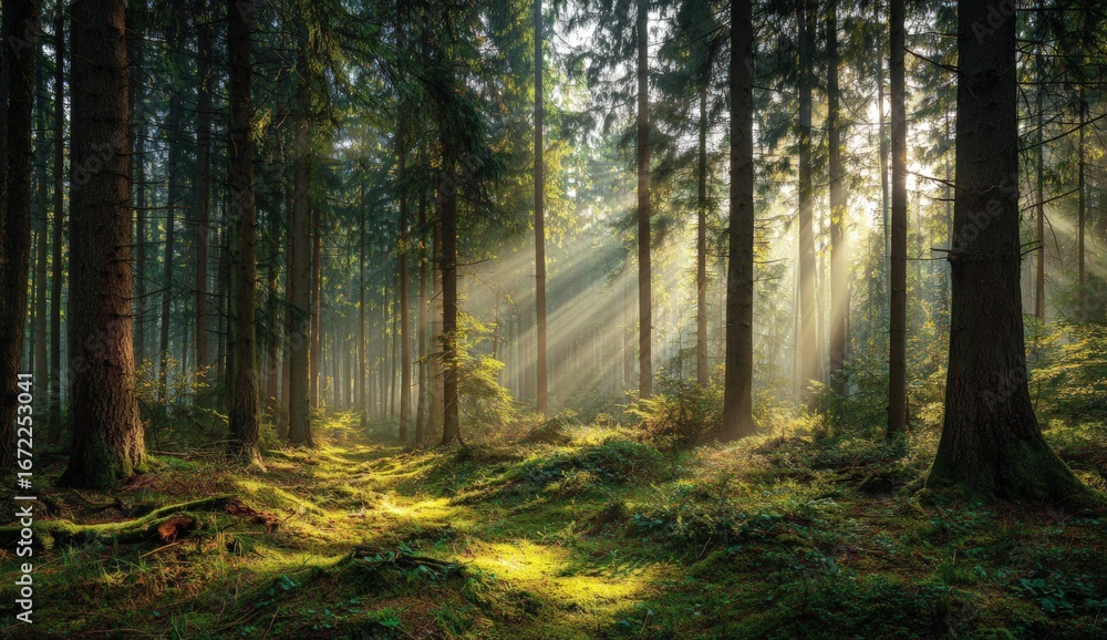 Fototapeta premium Sunlight streams through a dense forest (1)