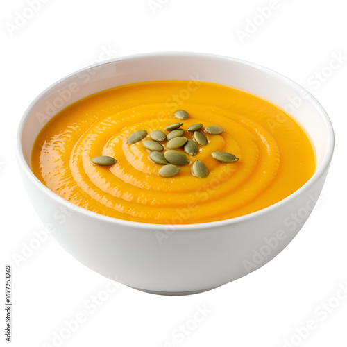 Creamy Pumpkin Soup with Pumpkin Seeds in White Bowl.