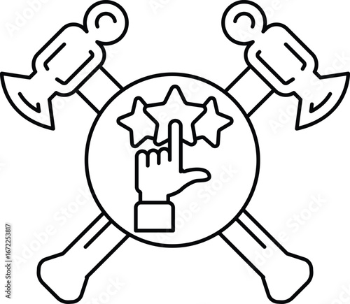 A hammer and a pair of axes with a hand pointing to a star