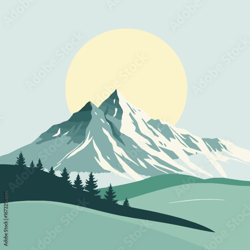 Snowy mountain peaks with sun and pine trees nature