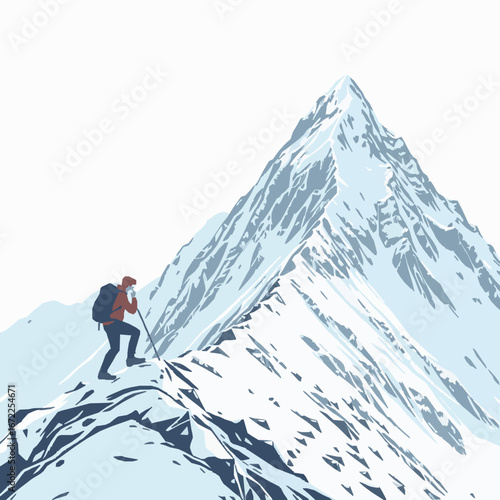 Hiker ascends snowy mountain ridge with trekking pole