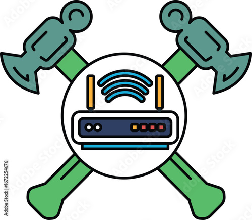 A logo for a wifi router with a hammer and anvil in the background