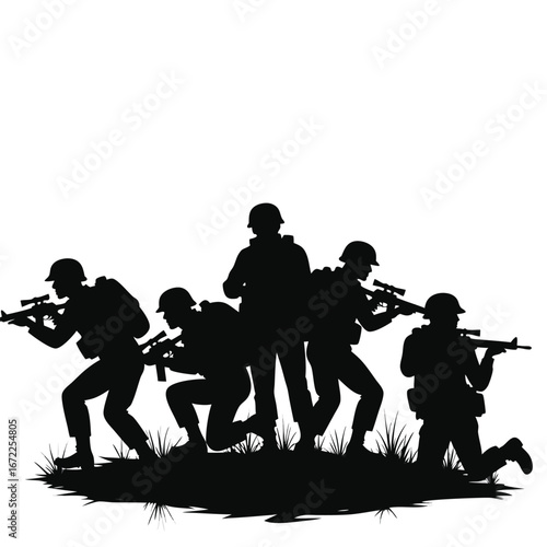 Five soldiers in silhouette advancing with rifles military 1