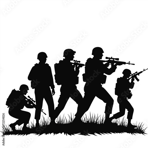 Five soldiers in silhouette advancing across grassy terrain