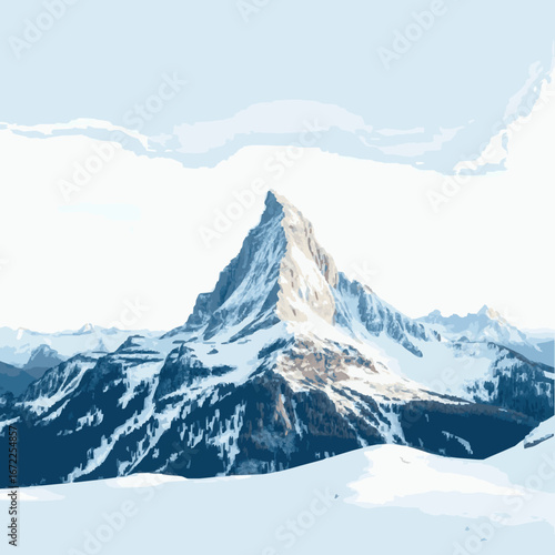 Jagged snow covered mountain peak under pale blue sky