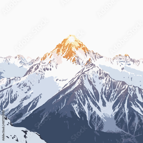 Snowy mountain peak illuminated by golden sunlight