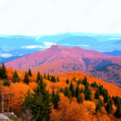Vibrant autumn mountain landscape with orange foliage and blue sky