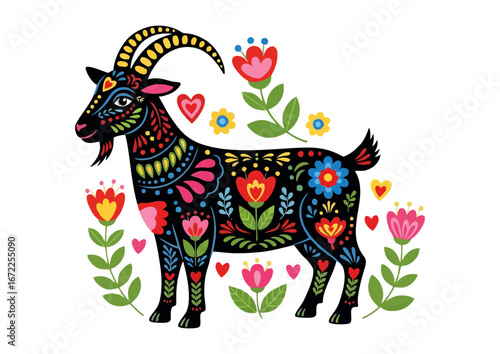 Colorful goat illustration with floral patterns in a vibrant style