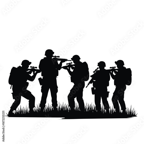 Five soldiers in silhouette aiming rifles in grass