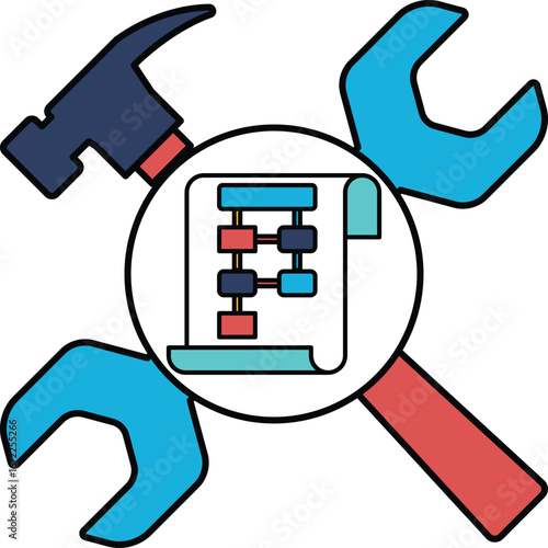 A hammer and a wrench are on a piece of paper with a diagram on it