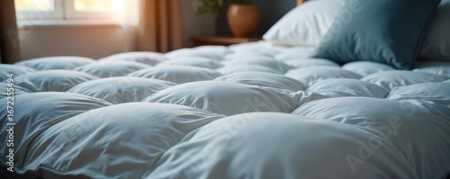 A plush mattress, neatly made, inviting and relaxing Ready for a restful night's sleep Perfect for advertising sleep products or promoting comfort and relaxation , sheets, duvet