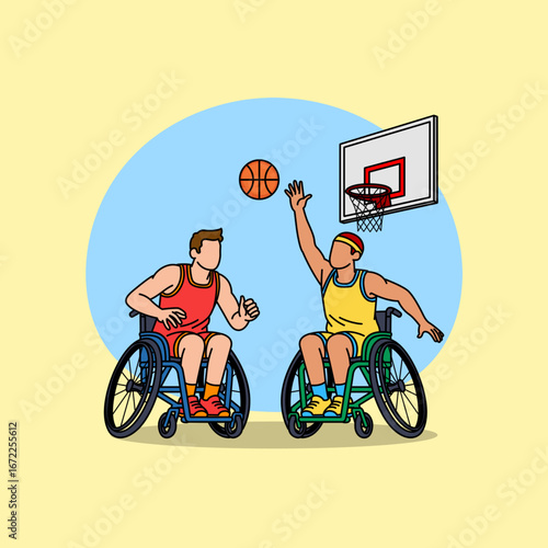 Two disabled basketball players fighting for the ball during a game. The concept that people with disabilities are superhuman. Perfect for celebrating Superhuman Day on September 7th.