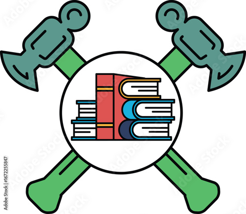 A hammer and anvil with a stack of books in the middle
